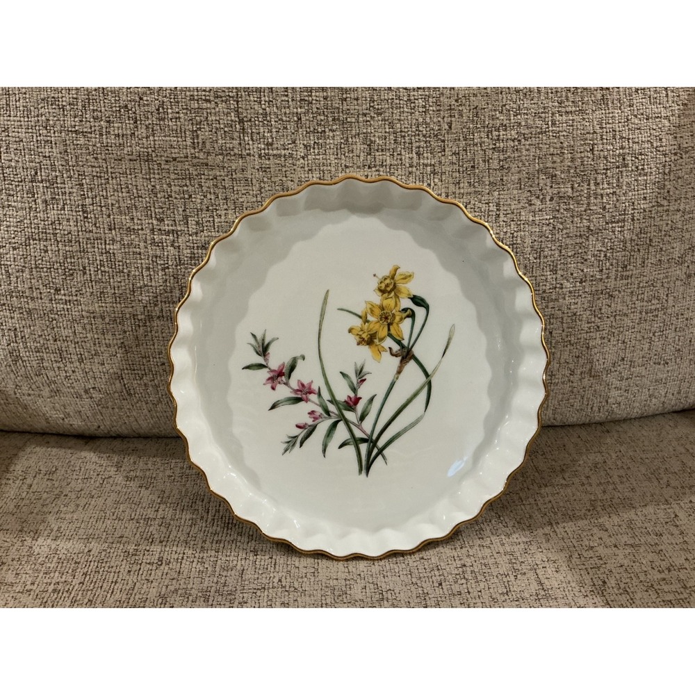 Spode Stafford Flowers Narcissus & Crowea Tart Quiche Dish Gold Rim England 7.5"